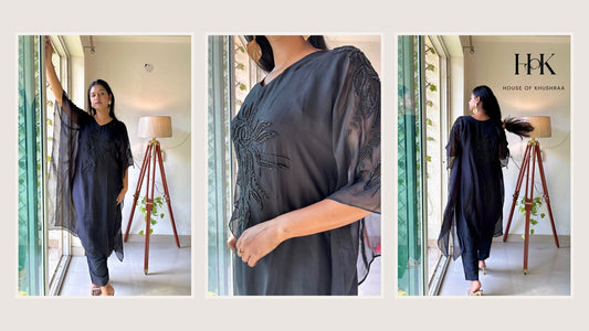 The Hand-Beaded Black Organza Kaftan by House of Khushraa