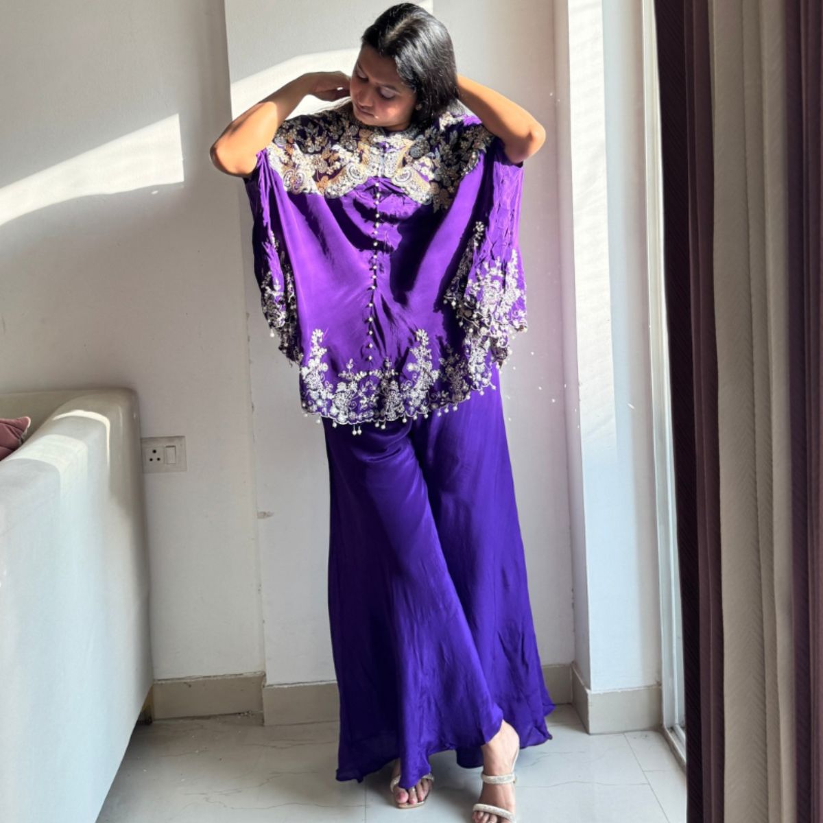 Royal Purple Mirror-Pearl Embroidered Cape Set