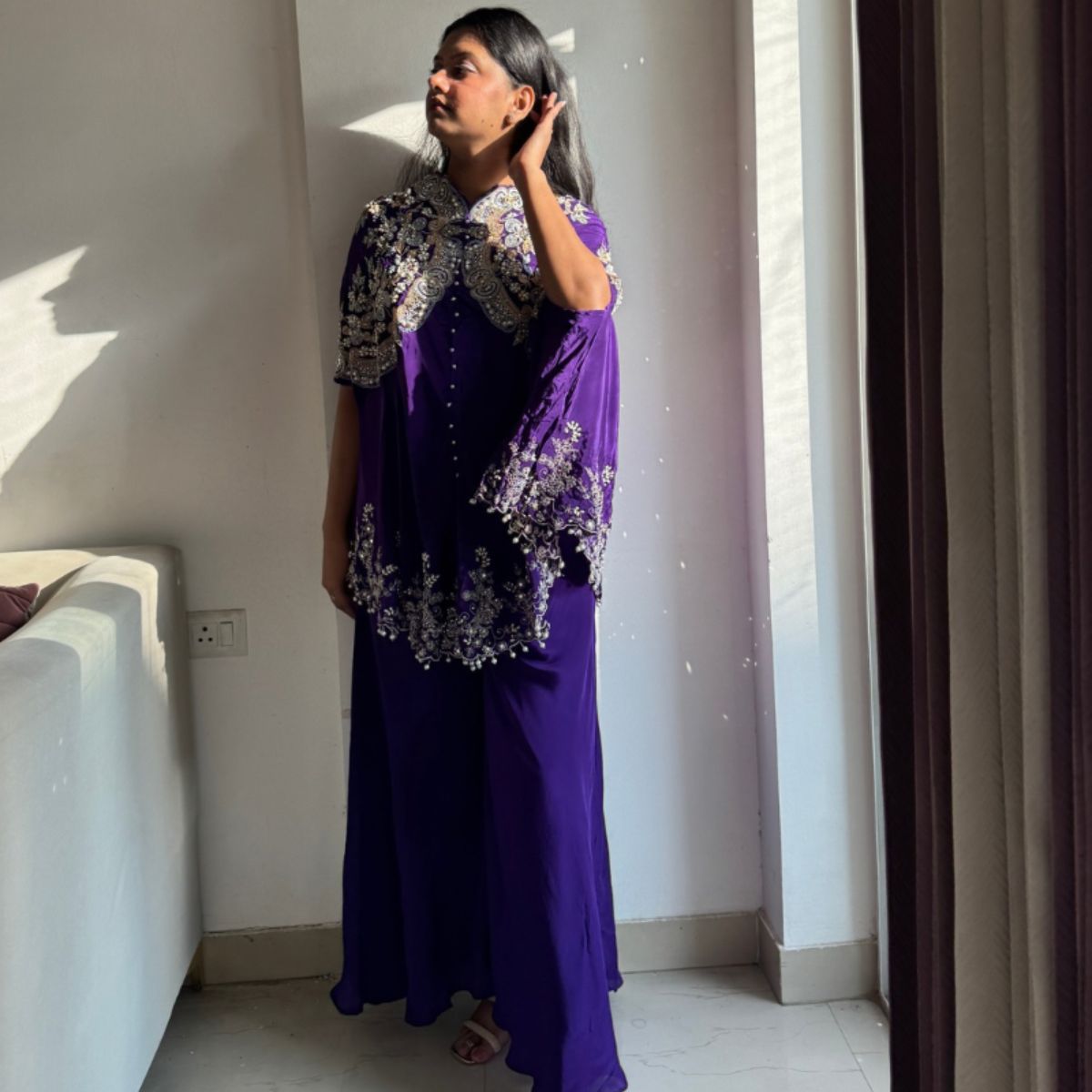 Royal Purple Mirror-Pearl Embroidered Cape Set