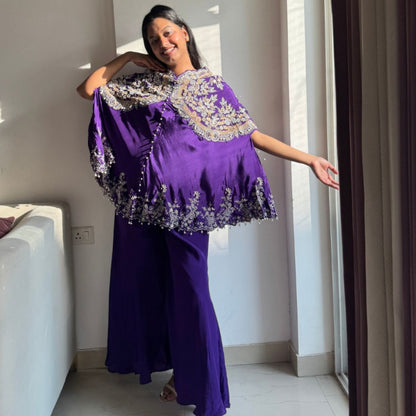 Royal Purple Mirror-Pearl Embroidered Cape Set
