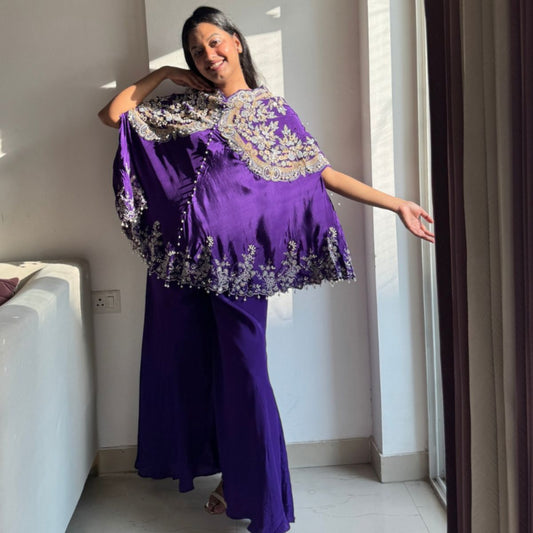 Royal Purple Mirror-Pearl Embroidered Cape Set