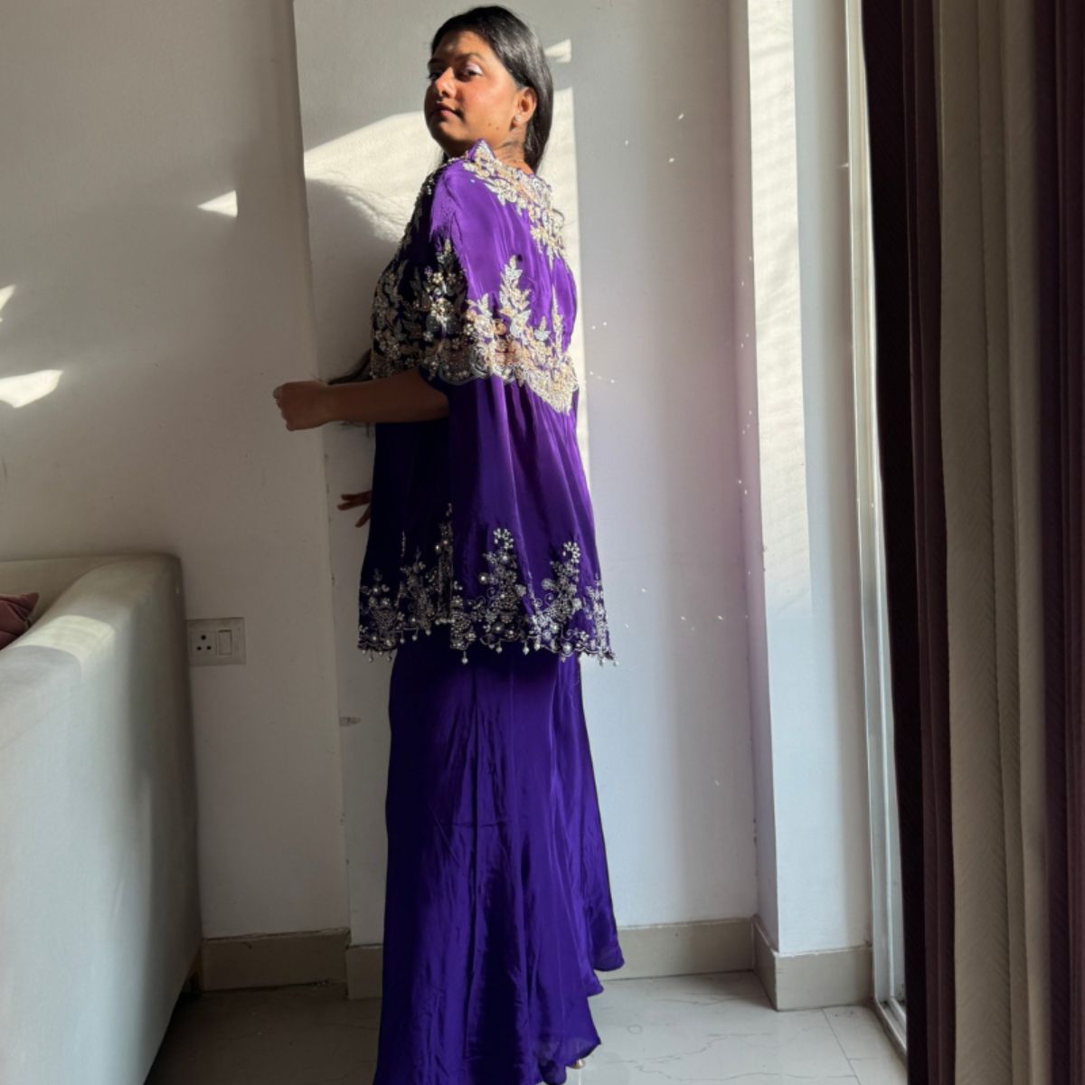 Royal Purple Mirror-Pearl Embroidered Cape Set