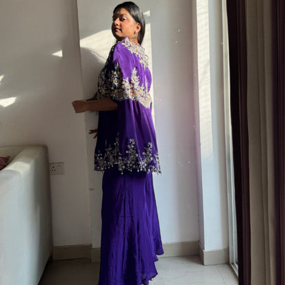 Royal Purple Mirror-Pearl Embroidered Cape Set