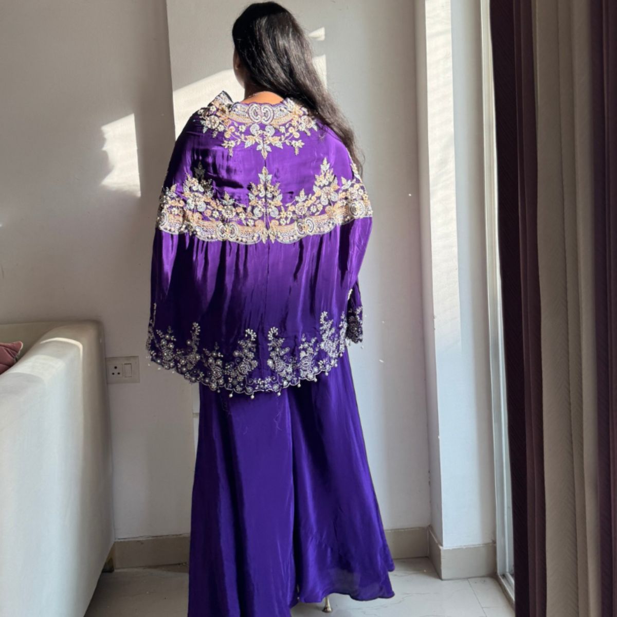 Royal Purple Mirror-Pearl Embroidered Cape Set
